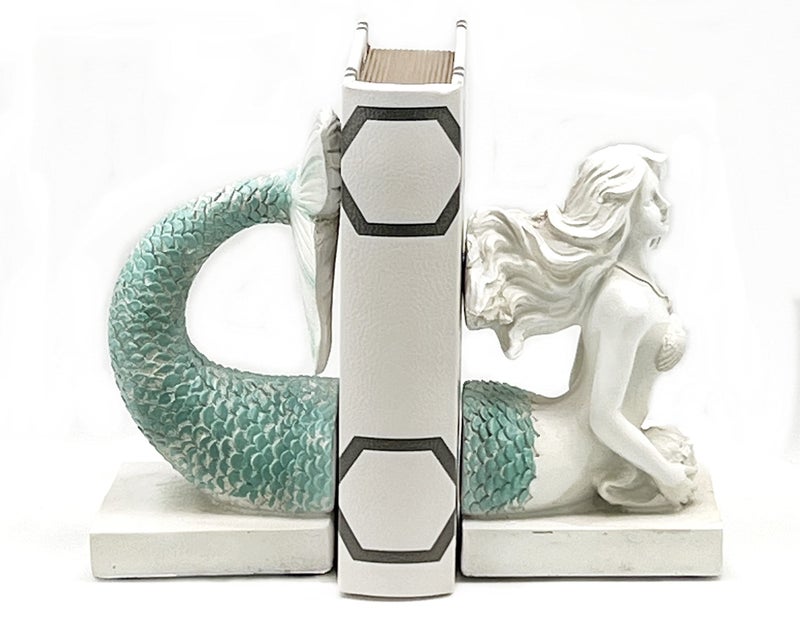 Bellaa 22975 Decorative Bookend Mermaid Antique Farmhouse Sailor Sea Nautical Coastal Fish Boho Beach Decor Retro Vintage Book Ends Distressed White Turquoise 9 Inch - Image 3